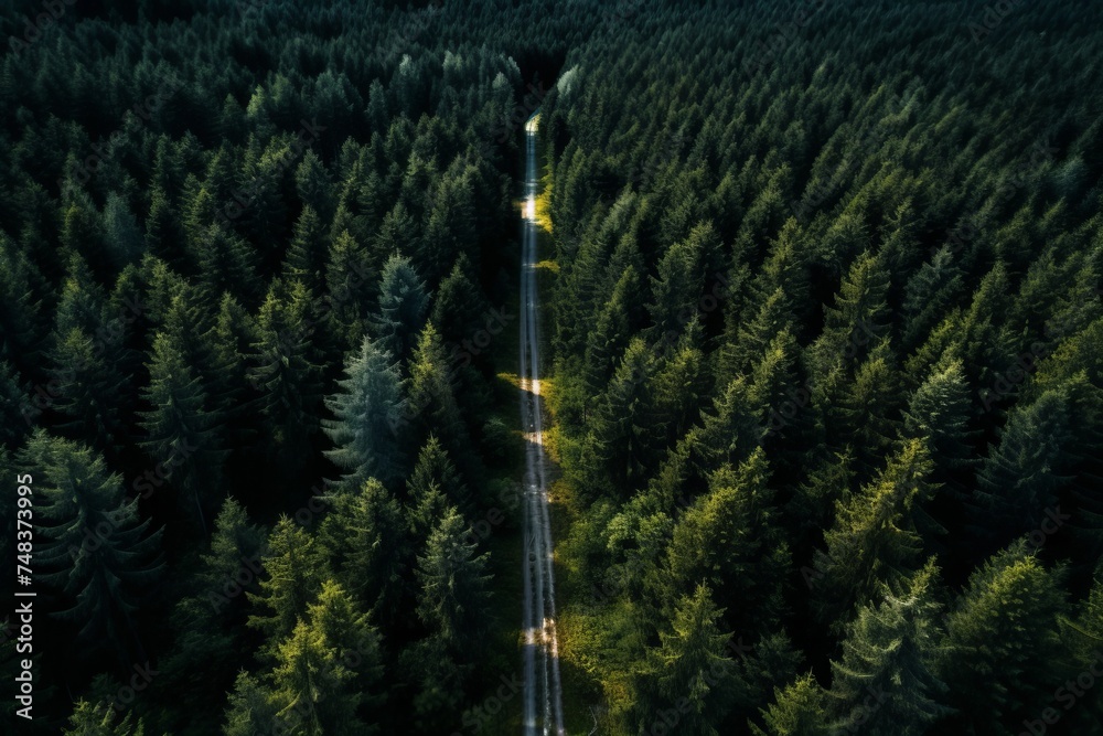 Aerial view of a road in the middle of the forest. - obrazy, fototapety, plakaty 