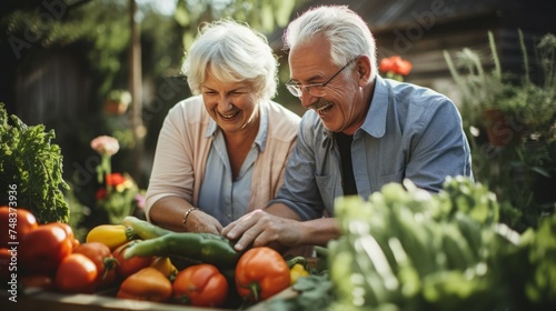 Senior couple joyfully picking fresh vegetables from their thriving garden, illustrating the satisfaction of homegrown produce.	