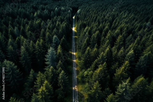 Aerial view of a road in the middle of the forest.