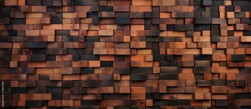 A visually striking wall constructed entirely of wooden blocks stands out against a stark black background. Each block is uniquely shaped and textured, A visually striking wall constructed entirely of wooden blocks stands out against a stark black background. Each block is uniquely shaped and textured,