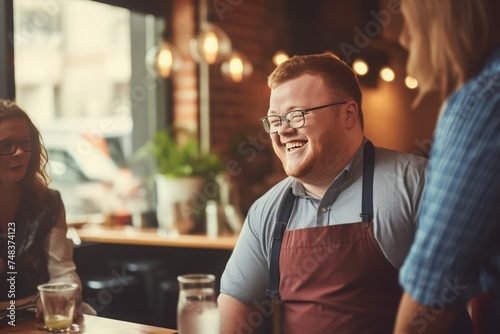 
hyper realistic photo of a disabled young man with Down syndrome, works at the caffeee as a waiter, photo
