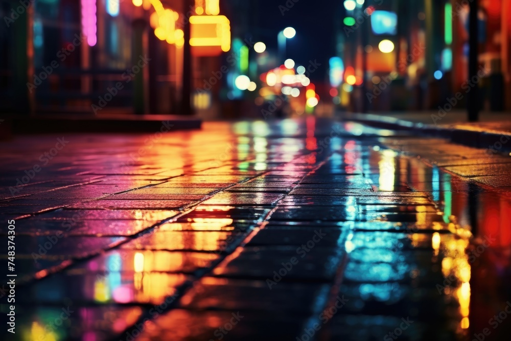 Colorful neon lights reflecting in city streets at night. Colorful neon lights reflecting in city streets at night.