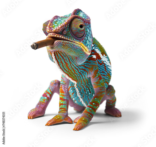 Beautiful Chameleon Smoking a Cigar Isolated. Transparent PNG.