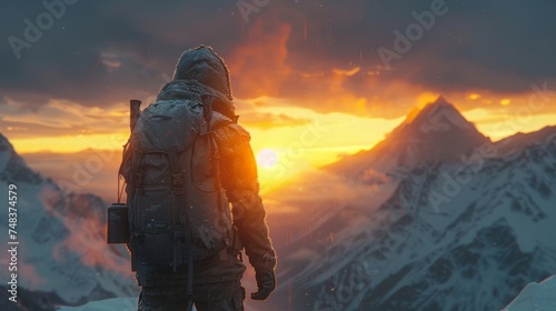 A lone explorer in winter gear stands before a breathtaking sunset in a vast snowy mountain landscape