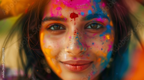 portrait of a woman with painted face. Portrait of young Indian Woman celebrating Holi color festival. Indian. Bright holiday
