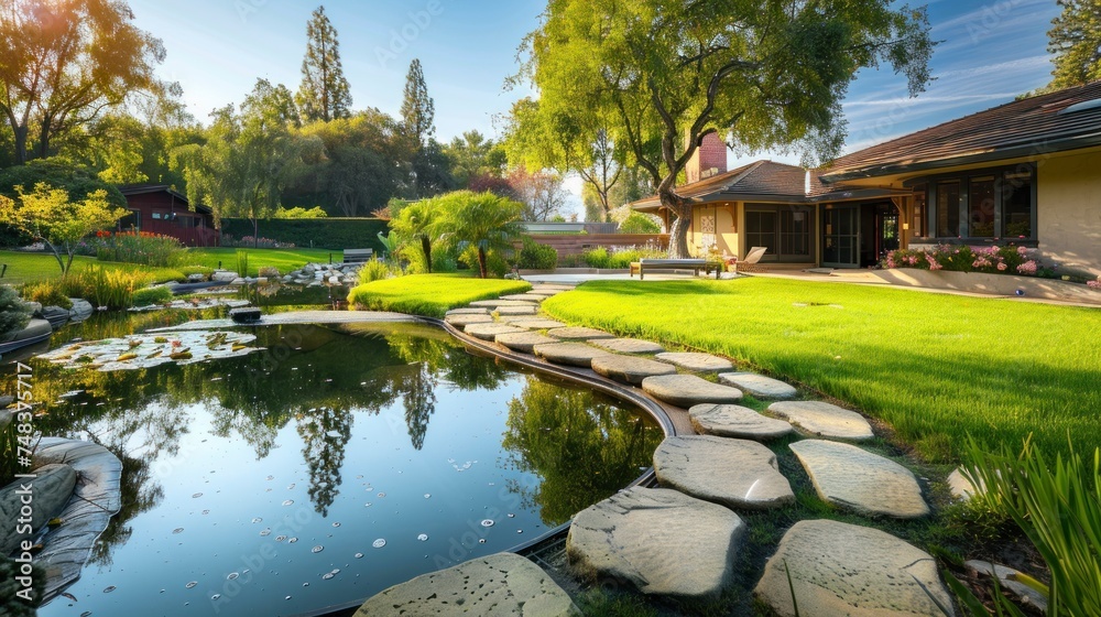 majestic backyard with a small lake stone footprints in a sunrise with the sun in the background in high resolution and quality