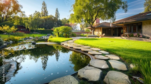 majestic backyard with a small lake stone footprints in a sunrise with the sun in the background in high resolution and quality