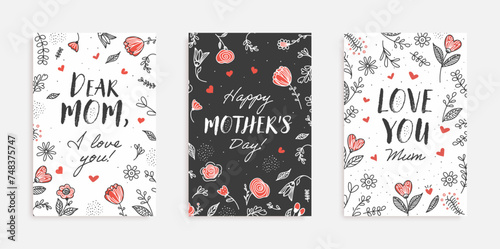 Happy Mother's Day Greeting Card set with beautiful flowers and hearts. Vector illustration