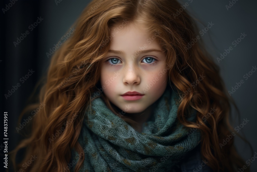Portrait of a beautiful little girl with long curly hair and blue eyes.