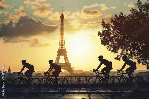 Silhouettes of cyclists at sunset with Eiffel Tower background © InfiniteStudio