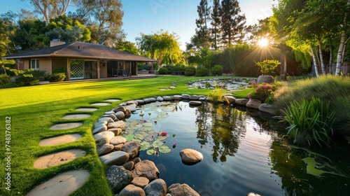 majestic backyard with a small lake stone footprints in a sunrise with the sun in the background in high resolution and high quality. concept houses, garden, patio, grass, meadow