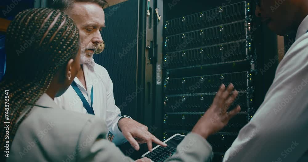 Team, tablet programming and server room for planning, digital screen coding or cloud computing solution. Manager, technician or group of people in data center for system or hardware problem solving