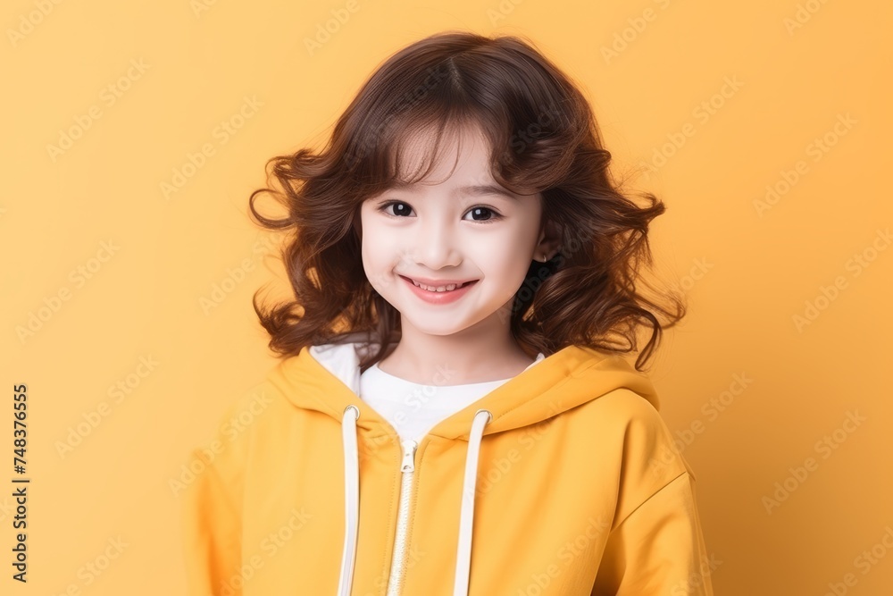 beautiful asian woman with yellow hoodie isolated on yellow background beautiful asian woman with yellow hoodie isolated on yellow background