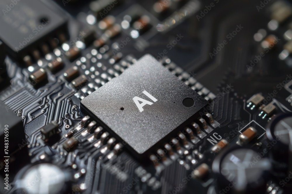 Close-up of an AI chip on a black circuit board. Close-up of an AI chip on a black circuit board.