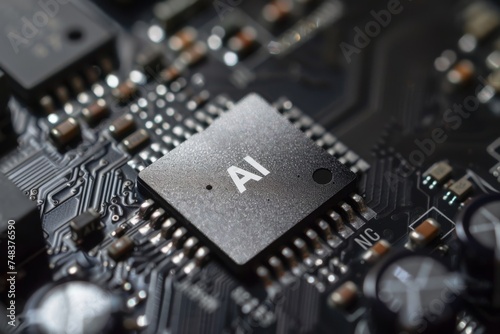 Close-up of an AI chip on a black circuit board.