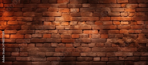 A close-up view of a terracotta-colored brick wall corner being illuminated by a bright light. The texture of the bricks is highlighted, showing shades of brown, red,