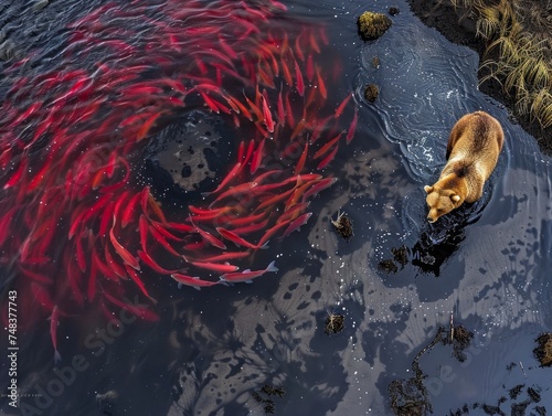 A black, brown bear, grizzly hunting Losos, fish. Alaska, river, and nature. photo