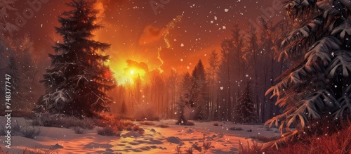 In the painting  a wintry scene unfolds with trees blanketed in snow standing against a fiery sunset. The snow-covered landscape exudes a chilly yet serene atmosphere.
