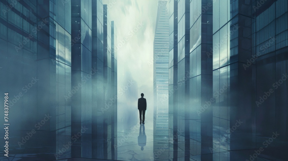 Fototapeta premium Solitary Figure Amidst Misty Urban Canyons. A lone individual stands before the engulfing fog and towering skyscrapers, a metaphor for business challenges or contemplation.
