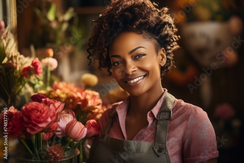 woman florist making a flower bouquet in her flower shop. happy, smiling,	
