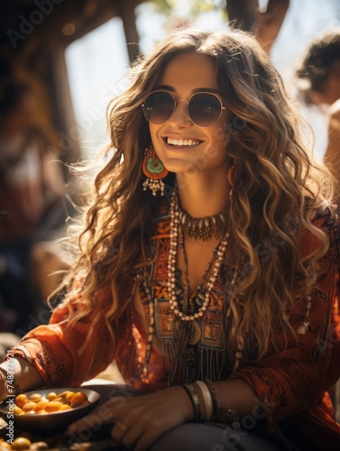 portrait of a beautiful woman, boho hippie style 