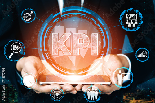 KPI Key Performance Indicator for Business Concept - Modern graphic interface showing symbols of job target evaluation and analytical numbers for marketing KPI management. uds photo