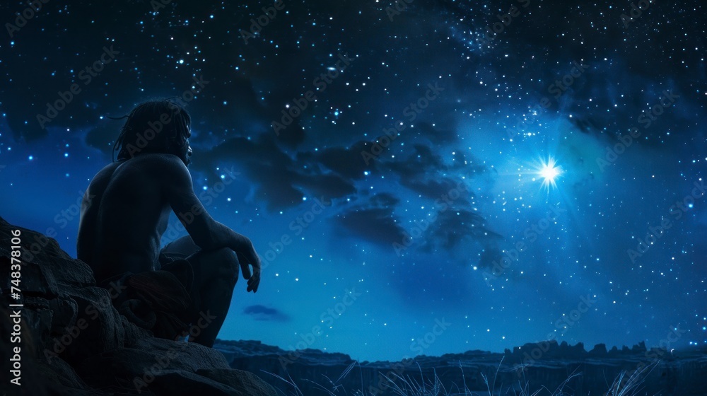 caveman observing a star in the night sky in high resolution