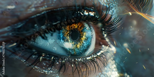 Close-up of human eye with vivid colors, reflections and lashes. captivating and detailed macro shot. suitable for health and beauty themes. AI