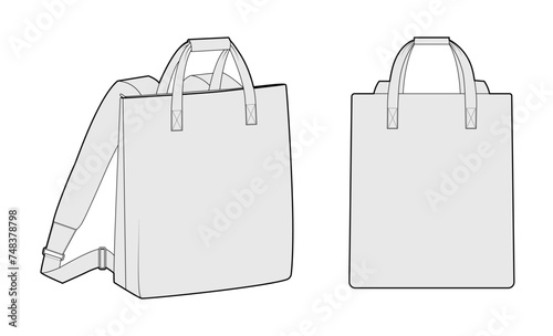 Convertible backpack silhouette tote bag with handles. Fashion accessory technical illustration. Vector schoolbag front 3-4 view for Men, women, unisex style, flat handbag CAD mockup sketch outline