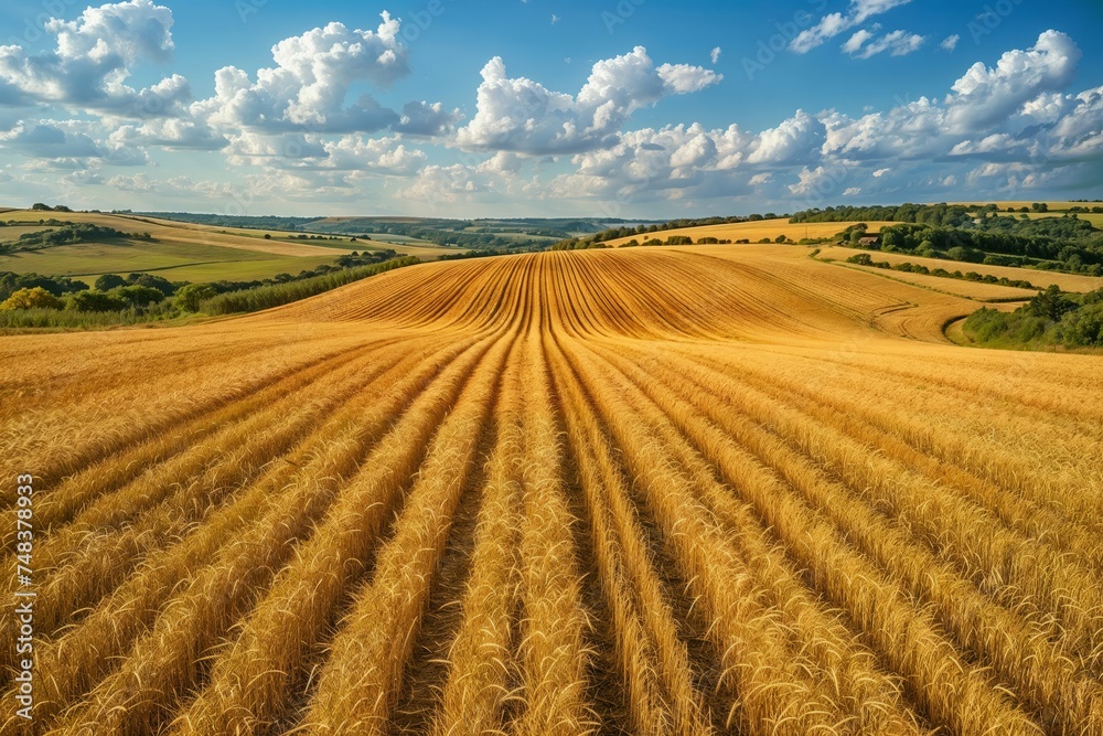 Golden wheat field with rolling hills under blue sky