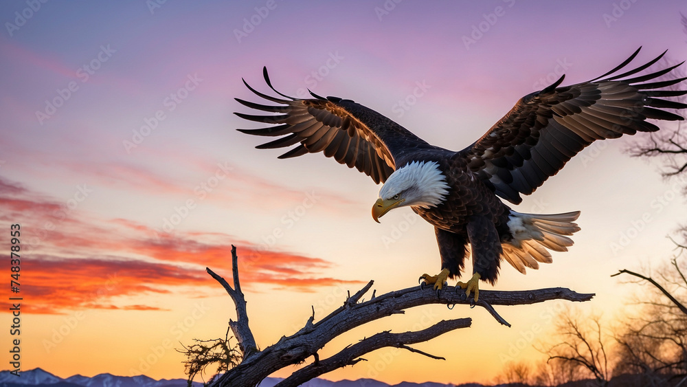 Fototapeta premium A bald eagle gracefully descending to land on a sturdy branch with the vibrant colors of the sky serving as a stunning backdrop