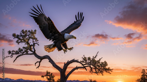 A bald eagle gracefully descending to land on a sturdy branch with the vibrant colors of the sky serving as a stunning backdrop