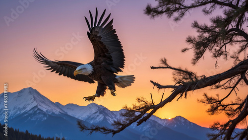 A bald eagle gracefully descending to land on a sturdy branch with the vibrant colors of the sky serving as a stunning backdrop © mdaktaruzzaman