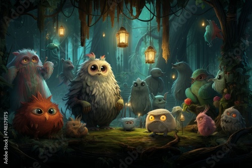 Enchanting Monsters children fantasy in dark forest. Night dream scary horror. Generate Ai