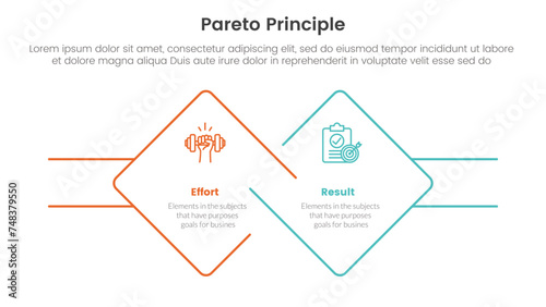 pareto principle comparison or versus concept for infographic template banner with diamond outline shape and rectangle with two point list information