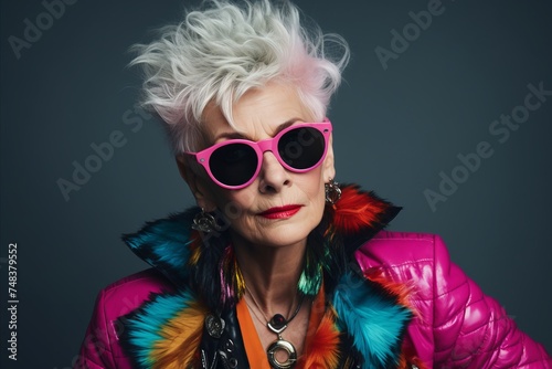 Fashionable senior woman in pink jacket and sunglasses. Studio shot.