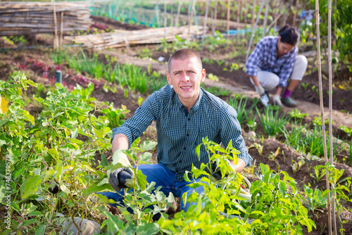 Positive man caring for plants in his garden with other people in background