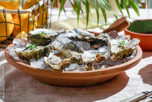 Fresh oysters with lemon on a ceramic  tray on a pale pink linen tablecloth. Hot summer day, picnic outside