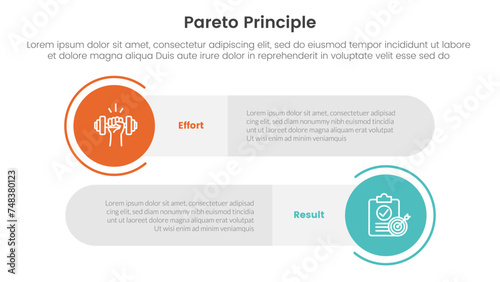 pareto principle comparison or versus concept for infographic template banner with big circle and long rectangle round shape with two point list information