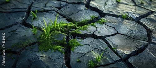 A plant defying odds, growing through a crack in the ground, showcasing the resilience and tenacity of nature in challenging environments. photo