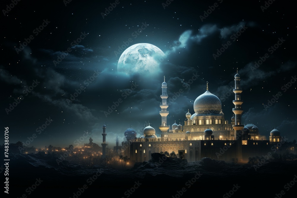 Resplendent Mosque evening sky moon. Light ramadan. Generate Ai