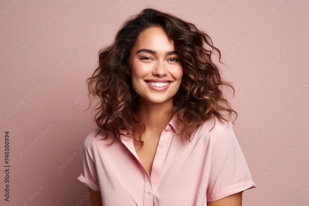 Portrait of a beautiful young woman with long curly hair over pink background Portrait of a beautiful young woman with long curly hair over pink background