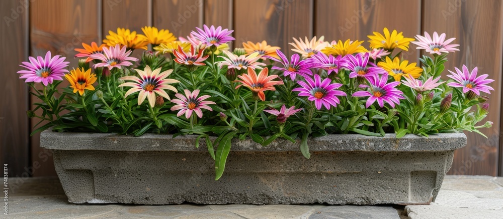 A planter filled with a variety of colorful flowers, including Gazania linearis, also known as treasure flowers, in full bloom. The vibrant blossoms create a lively and colorful display.