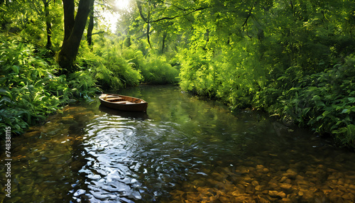 clear river in the forest and wooden boats