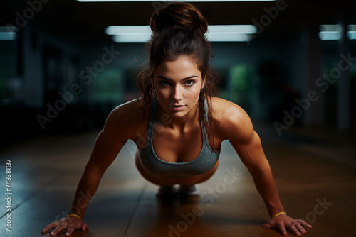 Young fitness woman doing push-ups looking at the camera at the gym. Generative AI