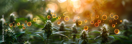 Ripe inflorescences of cannabis plants on plant on farm, Chemical Formula Marijuana CBD THC Concepts photo