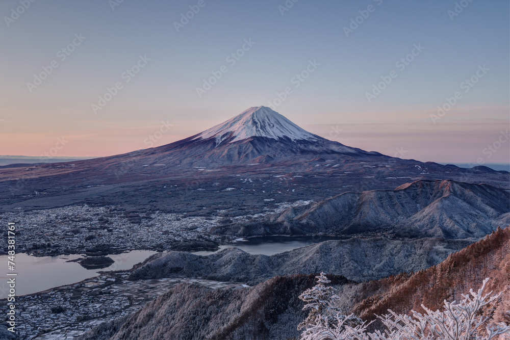 Panoramic view of snow-capped Mt. Fuji with snow trees early in the morning.