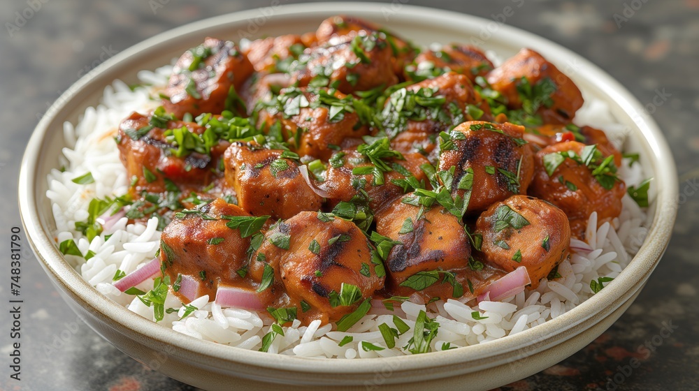 A white bowl filled with a delicious combination of rice and meat, creating a hearty and satisfying meal. A white bowl filled with a delicious combination of rice and meat, creating a hearty and satisfying meal.