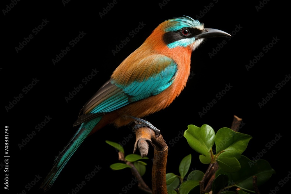 Colorful Motmot bird fullbody. Wild tree tail. Generate Ai