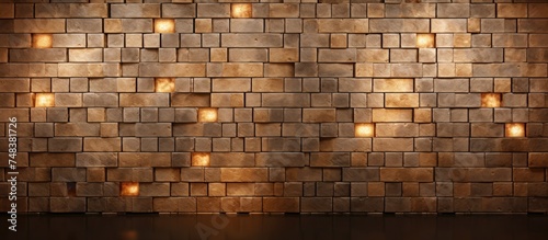 A brown brick wall is illuminated by lights that cast shadows and highlight the texture of the bricks. The lights create a decorative mosaic pattern on the wall  adding depth and dimension.